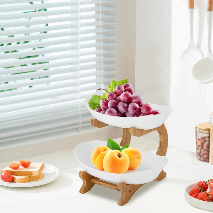 2-Tier Fruit Bowl - Bamboo Fruit Basket Stand with Food-Grade PP Tray