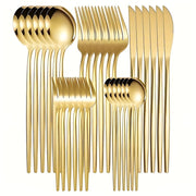 Premium 30-piece stainless steel cutlery set with spoons, forks & knives. Elegant golden or silver finish, rust-resistant 410 steel. Perfect for dining & gifting.