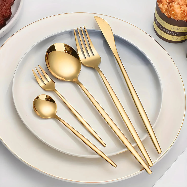 Premium 30-piece stainless steel cutlery set with spoons, forks & knives. Elegant golden or silver finish, rust-resistant 410 steel. Perfect for dining & gifting.