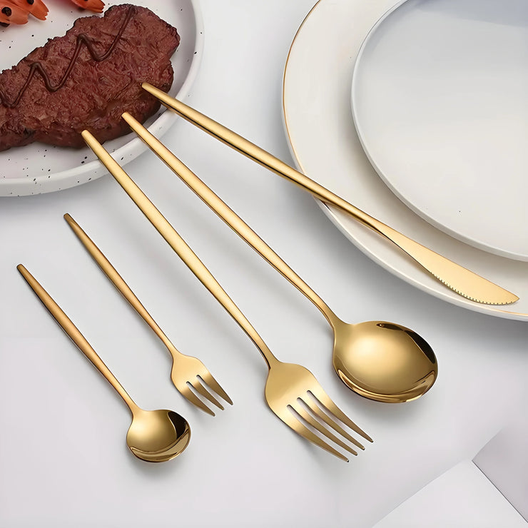 Premium 30-piece stainless steel cutlery set with spoons, forks & knives. Elegant golden or silver finish, rust-resistant 410 steel. Perfect for dining & gifting.