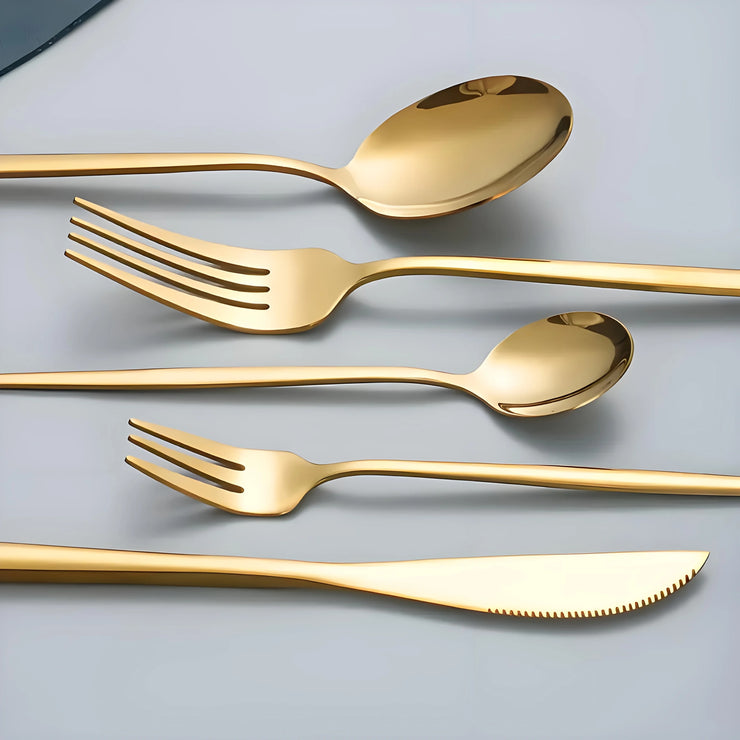 Premium 30-piece stainless steel cutlery set with spoons, forks & knives. Elegant golden or silver finish, rust-resistant 410 steel. Perfect for dining & gifting.