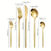 Premium 30-piece stainless steel cutlery set with spoons, forks & knives. Elegant golden or silver finish, rust-resistant 410 steel. Perfect for dining & gifting.