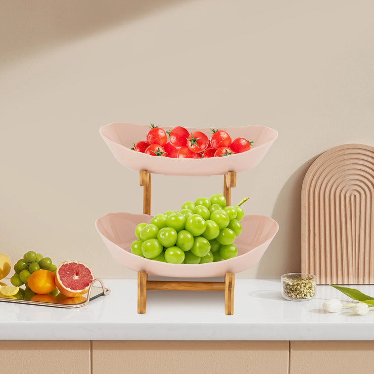 2-Tier Fruit Bowl - Bamboo Fruit Basket Stand with Food-Grade PP Tray