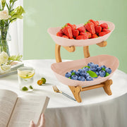 2-Tier Fruit Bowl - Bamboo Fruit Basket Stand with Food-Grade PP Tray