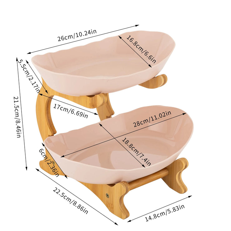 2-Tier Fruit Bowl - Bamboo Fruit Basket Stand with Food-Grade PP Tray