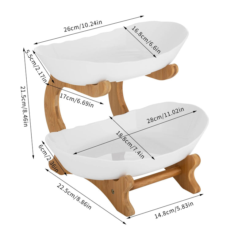 2-Tier Fruit Bowl - Bamboo Fruit Basket Stand with Food-Grade PP Tray