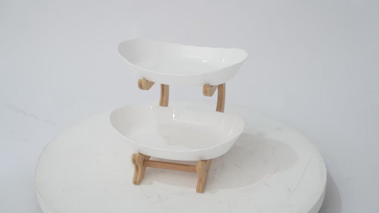2-Tier Fruit Bowl - Bamboo Fruit Basket Stand with Food-Grade PP Tray